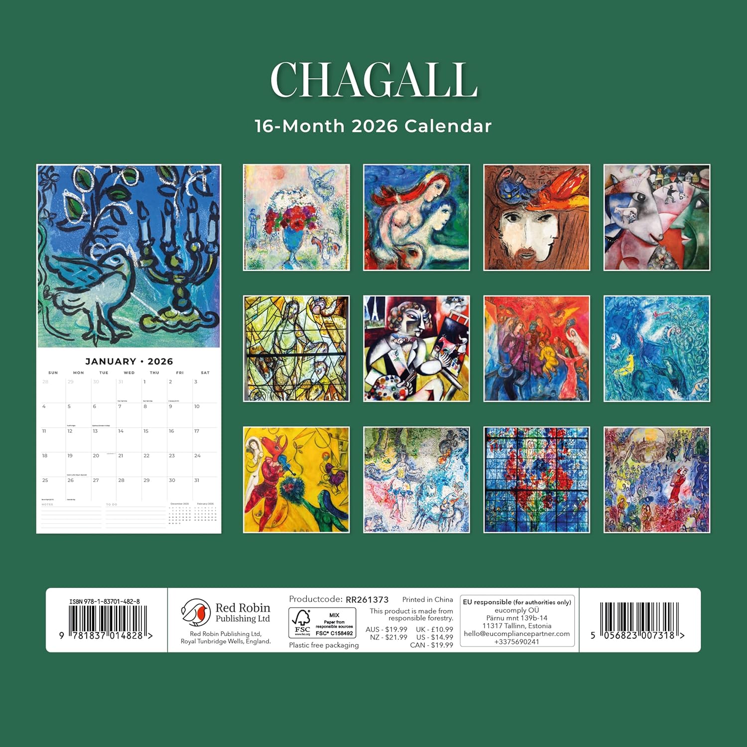 Red Robin 2026 Chagall Monthly Wall Calendar | 12" x 24" Open | Premium Thick & Sturdy Paper | Hangable 12 Month Calendar | Lined Notes & To Do Area | Vivid Images | Plastic Free