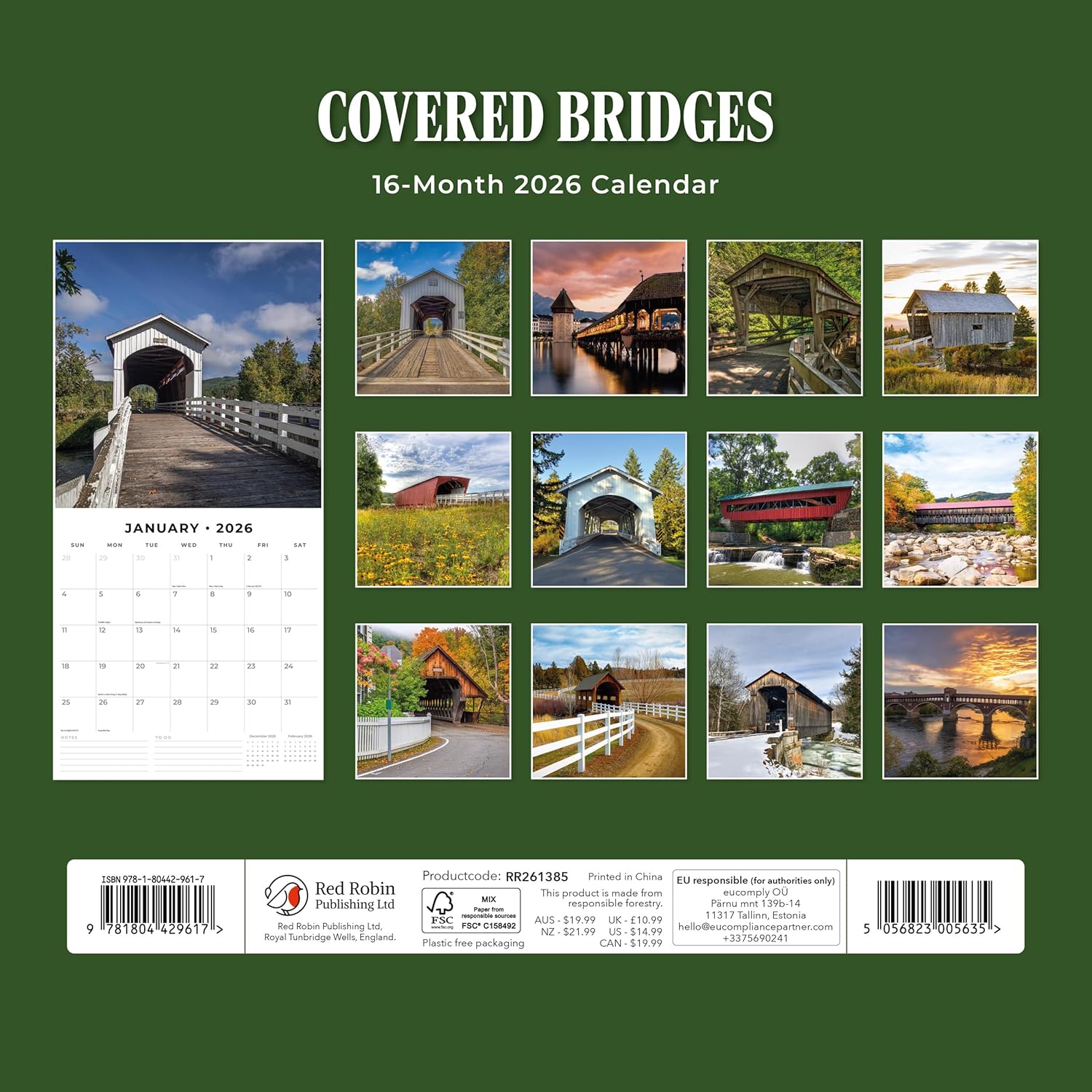 Red Robin 2026 Covered Bridges Monthly Wall Calendar | 12" x 24" Open | Premium Thick & Sturdy Paper | Hangable 12 Month Calendar | Lined Notes & To Do Area | Vivid Images | Plastic Free