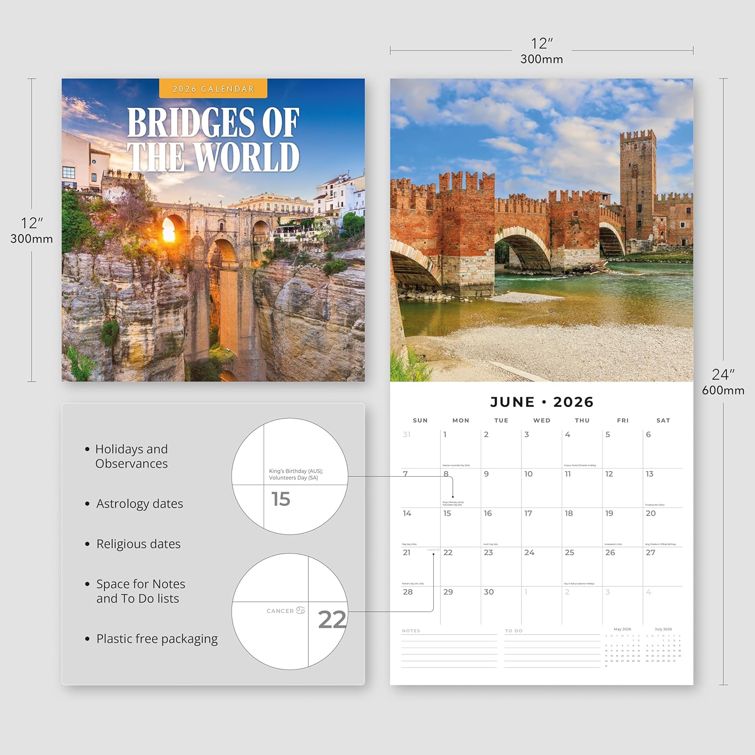 Red Robin 2026 Bridges of the World Monthly Wall Calendar | 12" x 24" Open | Premium Thick & Sturdy Paper | Hangable 12 Month Calendar | Lined Notes & To Do Area | Vivid Images | Plastic Free
