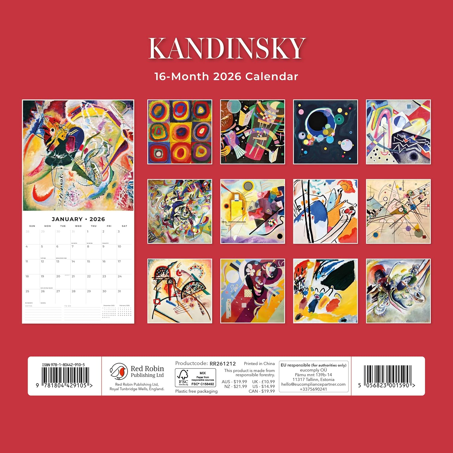 Red Robin 2026 Kandinsky Monthly Wall Calendar | 12" x 24" Open | Premium Thick & Sturdy Paper | Hangable 12 Month Calendar | Lined Notes & To Do Area | Vivid Images | Plastic Free