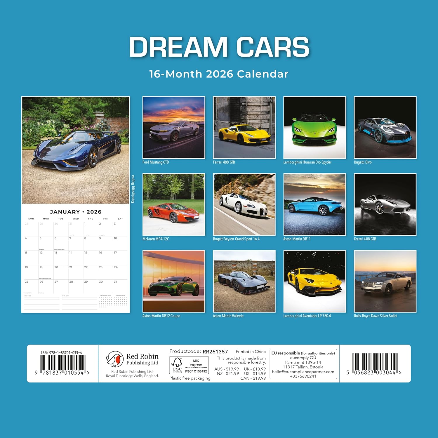 Red Robin 2026 Dream Cars Monthly Wall Calendar | 12" x 24" Open | Premium Thick & Sturdy Paper | Hangable 12 Month Calendar | Lined Notes & To Do Area | Vivid Images | Plastic Free