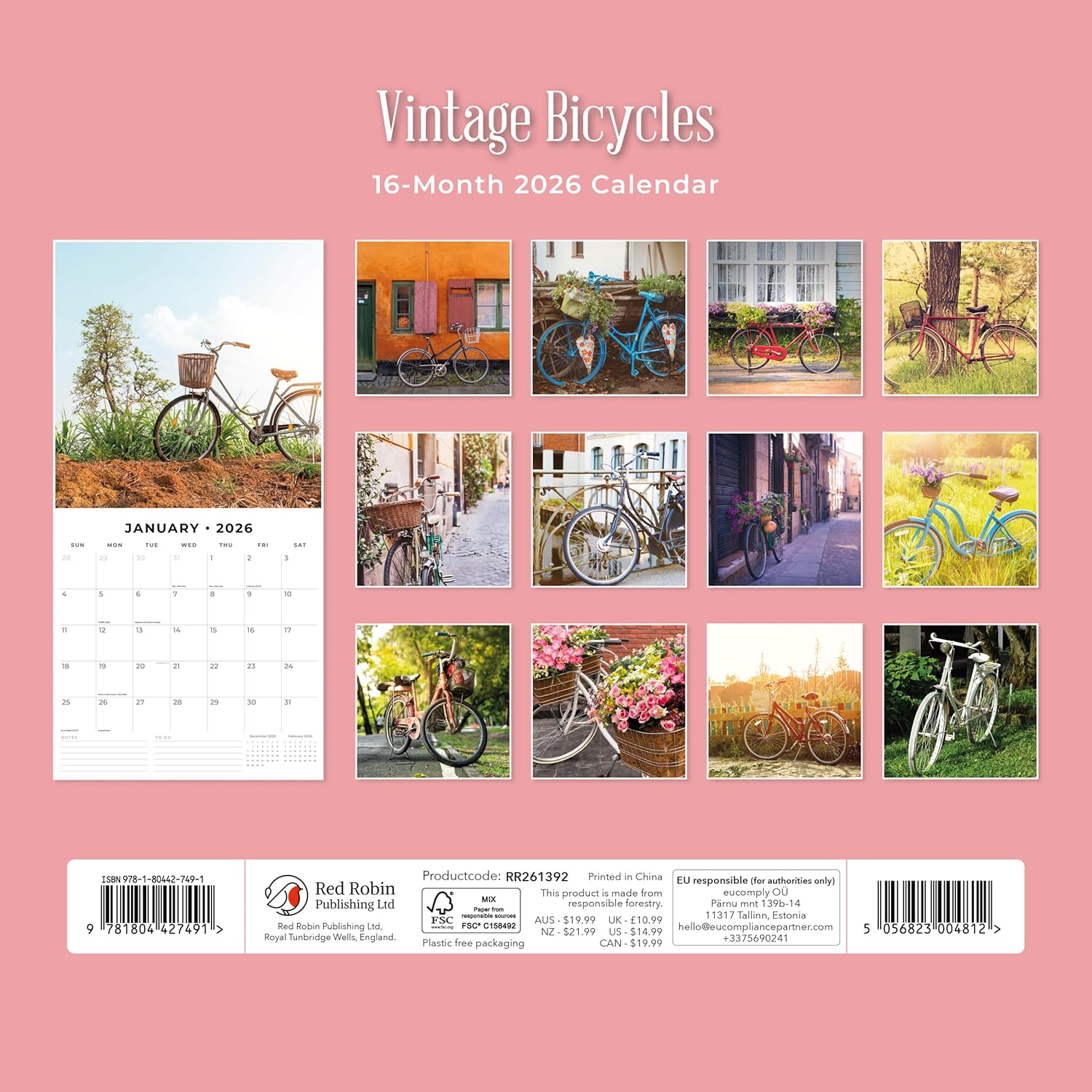 Red Robin 2026 Vintage Bicycles Monthly Wall Calendar | 12" x 24" Open | Premium Thick & Sturdy Paper | Hangable 12 Month Calendar | Lined Notes & To Do Area | Vivid Images | Plastic Free