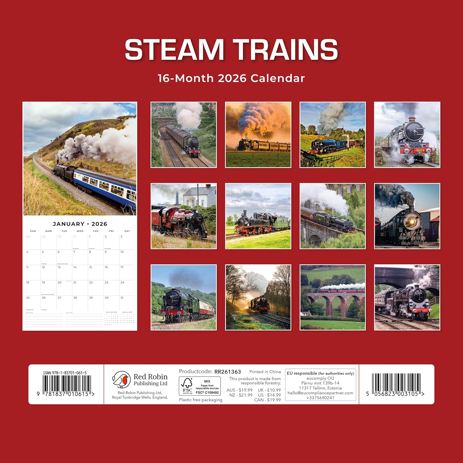 Red Robin 2026 Steam Trains Monthly Wall Calendar | 12" x 24" Open | Premium Thick & Sturdy Paper | Hangable 12 Month Calendar | Lined Notes & To Do Area | Vivid Images | Plastic Free