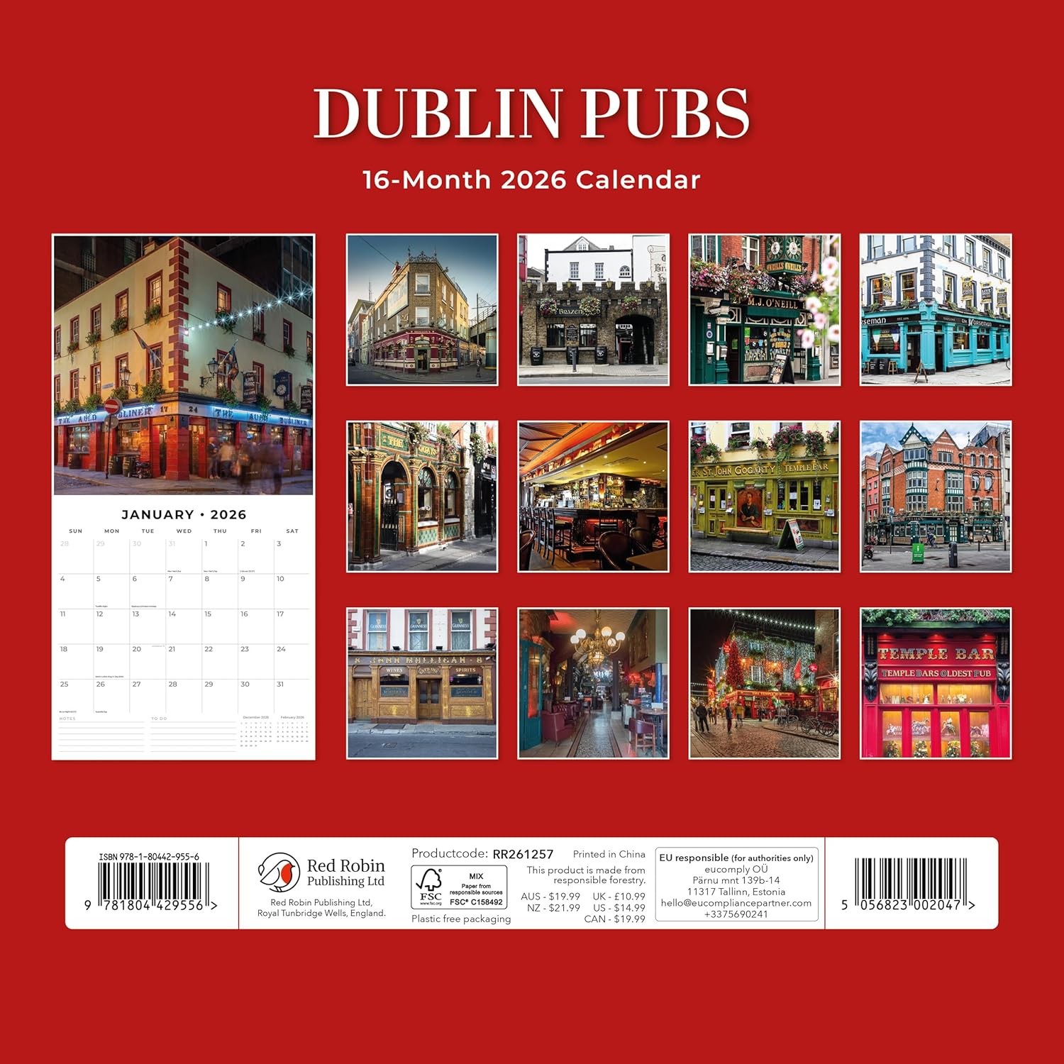 Red Robin 2026 Dublin Pubs Monthly Wall Calendar | 12" x 24" Open | Premium Thick & Sturdy Paper | Hangable 12 Month Calendar | Lined Notes & To Do Area | Vivid Images | Plastic Free