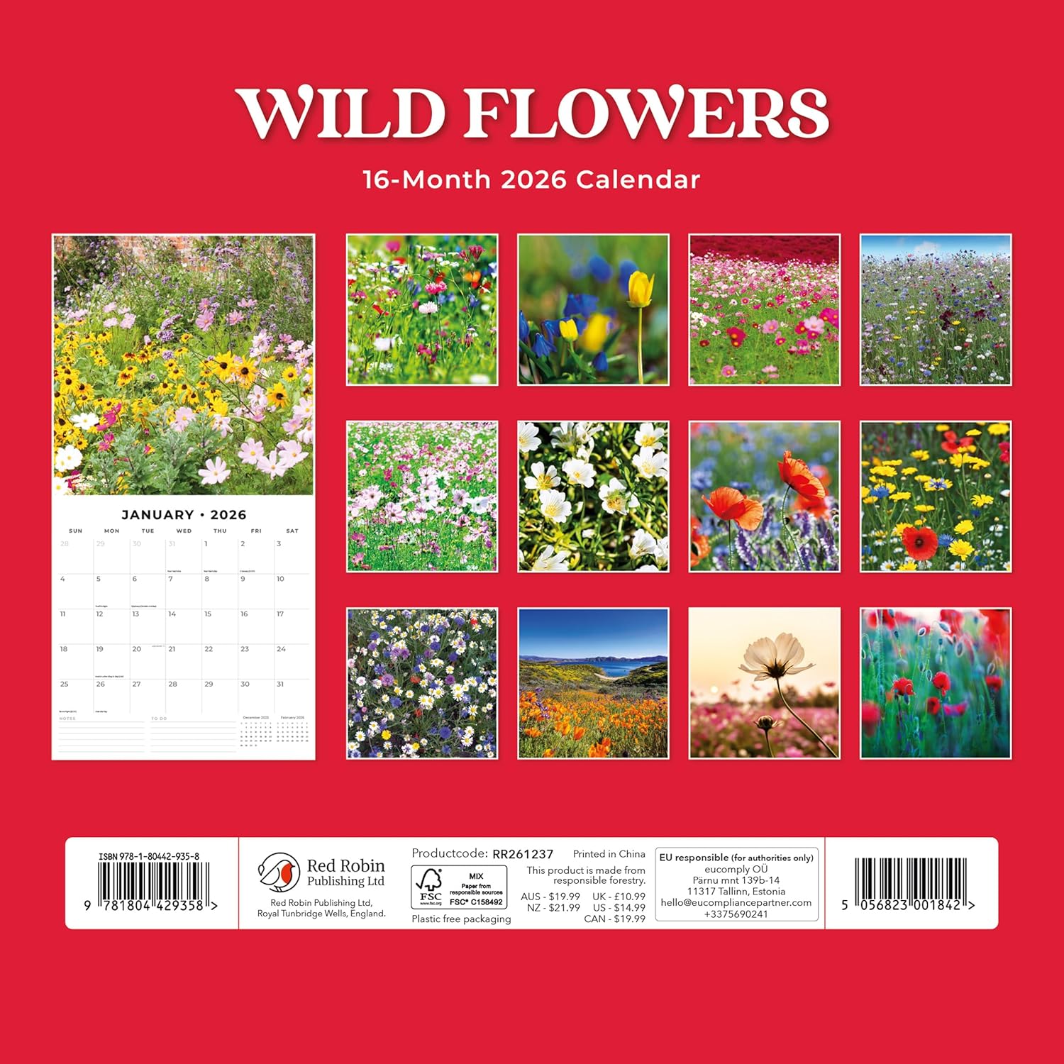 Red Robin 2026 Wild Flowers Monthly Wall Calendar | 12" x 24" Open | Premium Thick & Sturdy Paper | Hangable 12 Month Calendar | Lined Notes & To Do Area | Vivid Images | Plastic Free