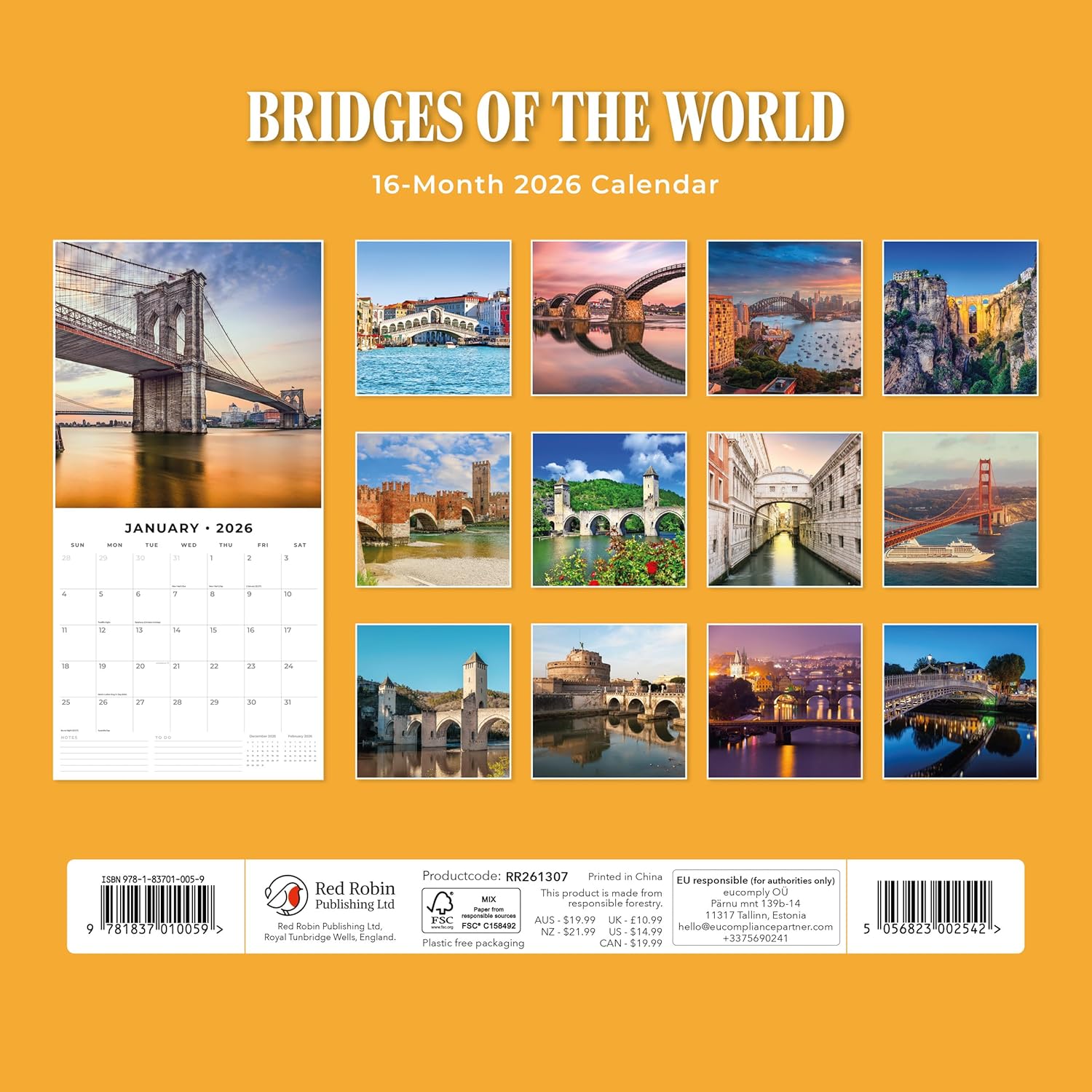 Red Robin 2026 Bridges of the World Monthly Wall Calendar | 12" x 24" Open | Premium Thick & Sturdy Paper | Hangable 12 Month Calendar | Lined Notes & To Do Area | Vivid Images | Plastic Free