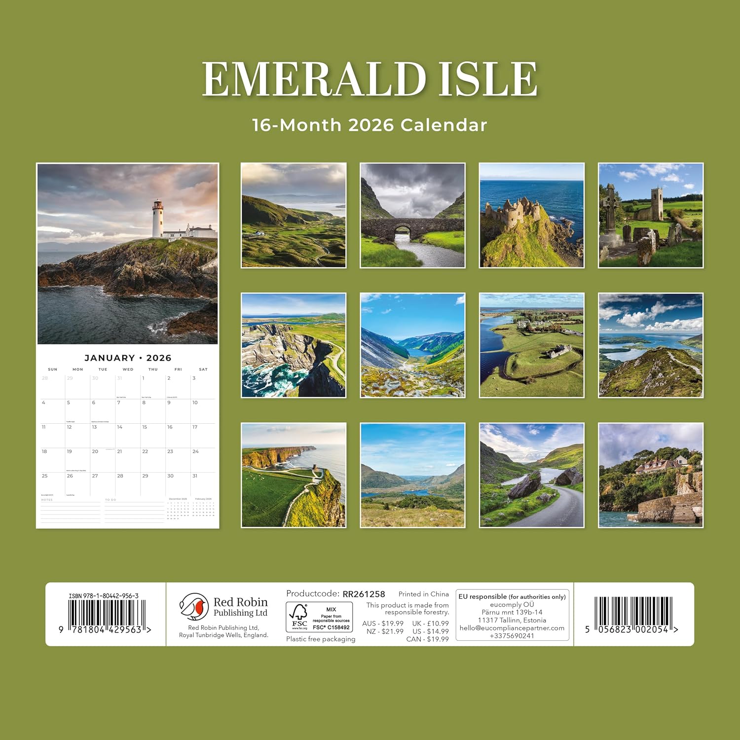 Red Robin 2026 Emerald Isle Monthly Wall Calendar | 12" x 24" Open | Premium Thick & Sturdy Paper | Hangable 12 Month Calendar | Lined Notes & To Do Area | Vivid Images | Plastic Free