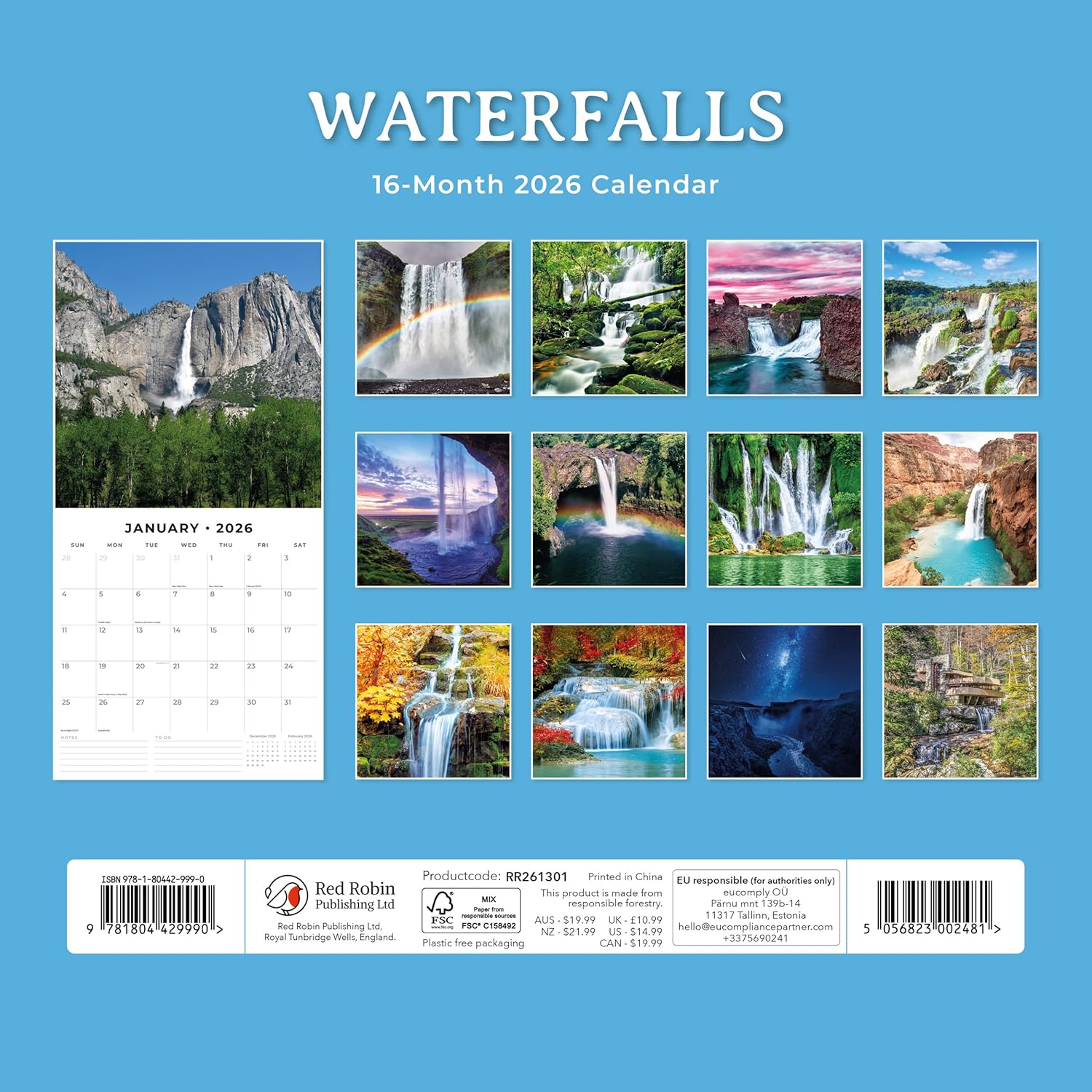 Red Robin 2026 Waterfalls Monthly Wall Calendar | 12" x 24" Open | Premium Thick & Sturdy Paper | Hangable 12 Month Calendar | Lined Notes & To Do Area | Vivid Images | Plastic Free