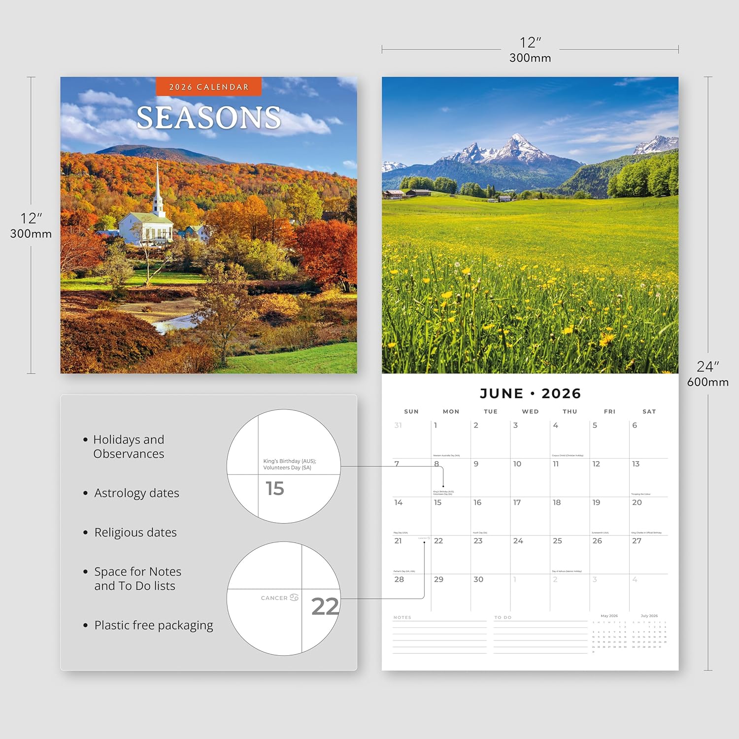 Red Robin 2026 Seasons Monthly Wall Calendar | 12" x 24" Open | Premium Thick & Sturdy Paper | Hangable 12 Month Calendar | Lined Notes & To Do Area | Vivid Images | Plastic Free