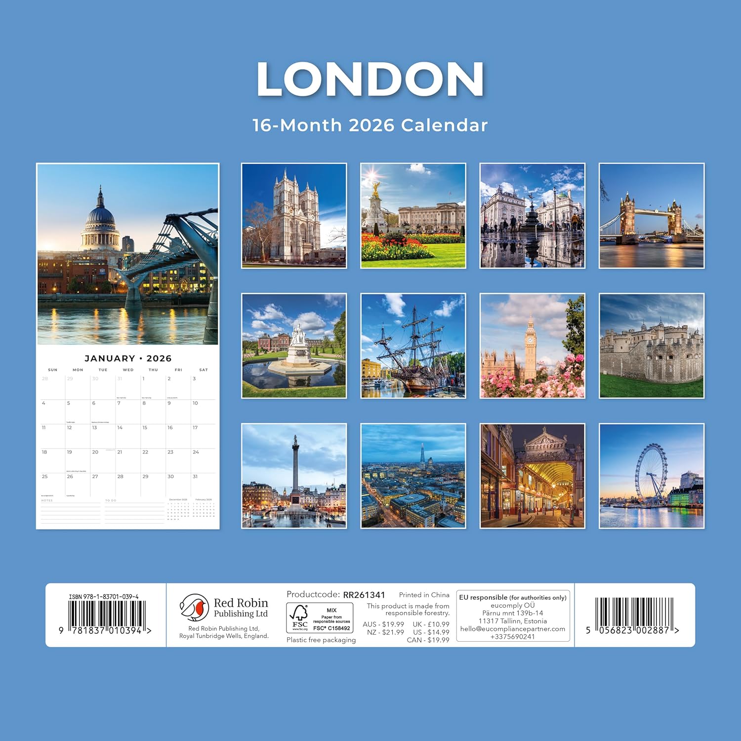 Red Robin 2026 London Monthly Wall Calendar | 12" x 24" Open | Premium Thick & Sturdy Paper | Hangable 12 Month Calendar | Lined Notes & To Do Area | Vivid Images | Plastic Free