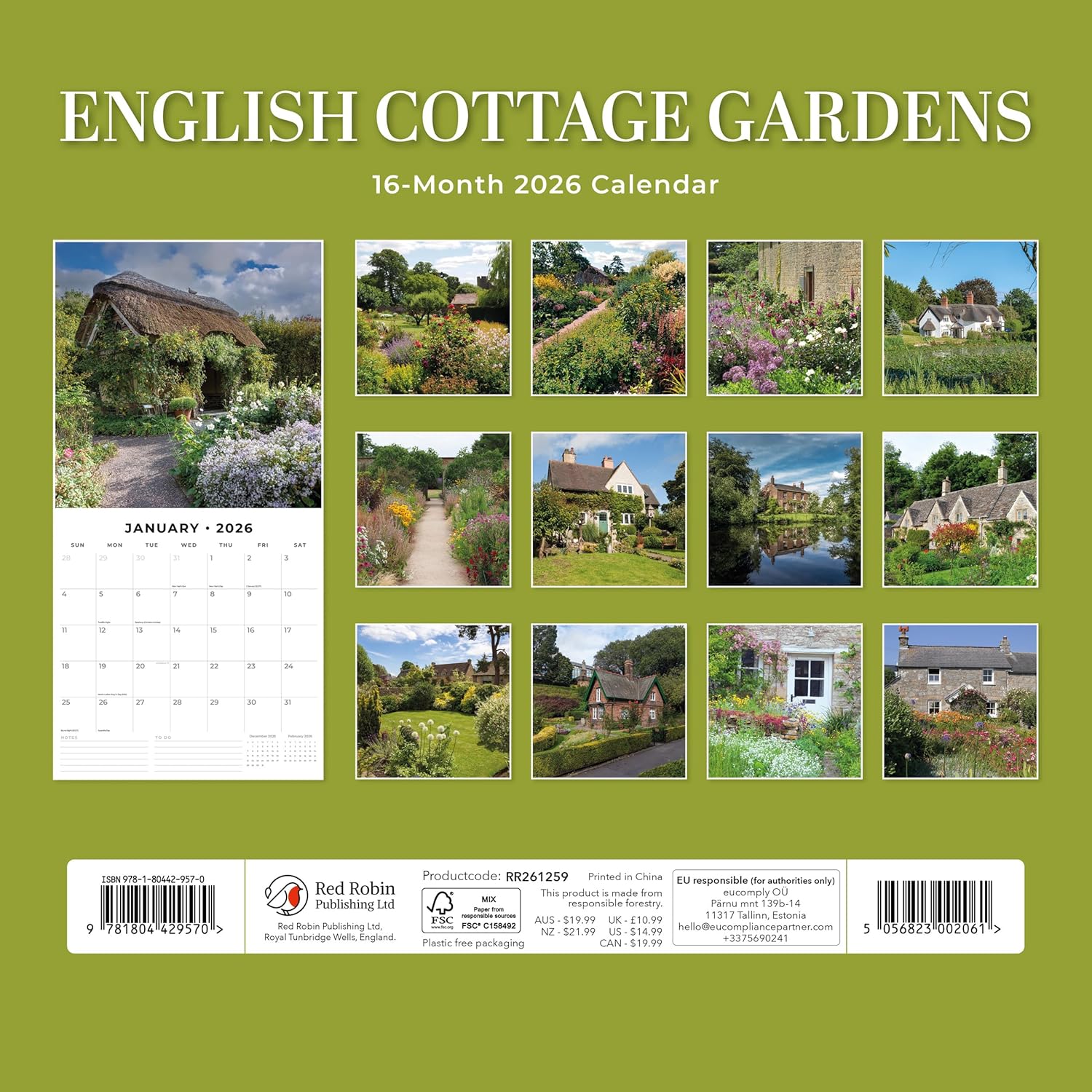 Red Robin 2026 English Cottage Gardens Monthly Wall Calendar | 12" x 24" Open | Premium Thick & Sturdy Paper | Hangable 12 Month Calendar | Lined Notes & To Do Area | Vivid Images | Plastic Free