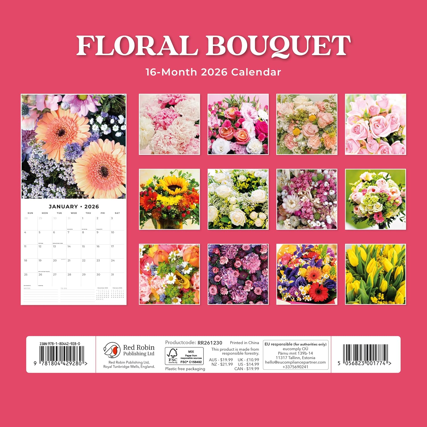 Red Robin 2026 Floral Bouquet Monthly Wall Calendar | 12" x 24" Open | Premium Thick & Sturdy Paper | Hangable 12 Month Calendar | Lined Notes & To Do Area | Vivid Images | Plastic Free
