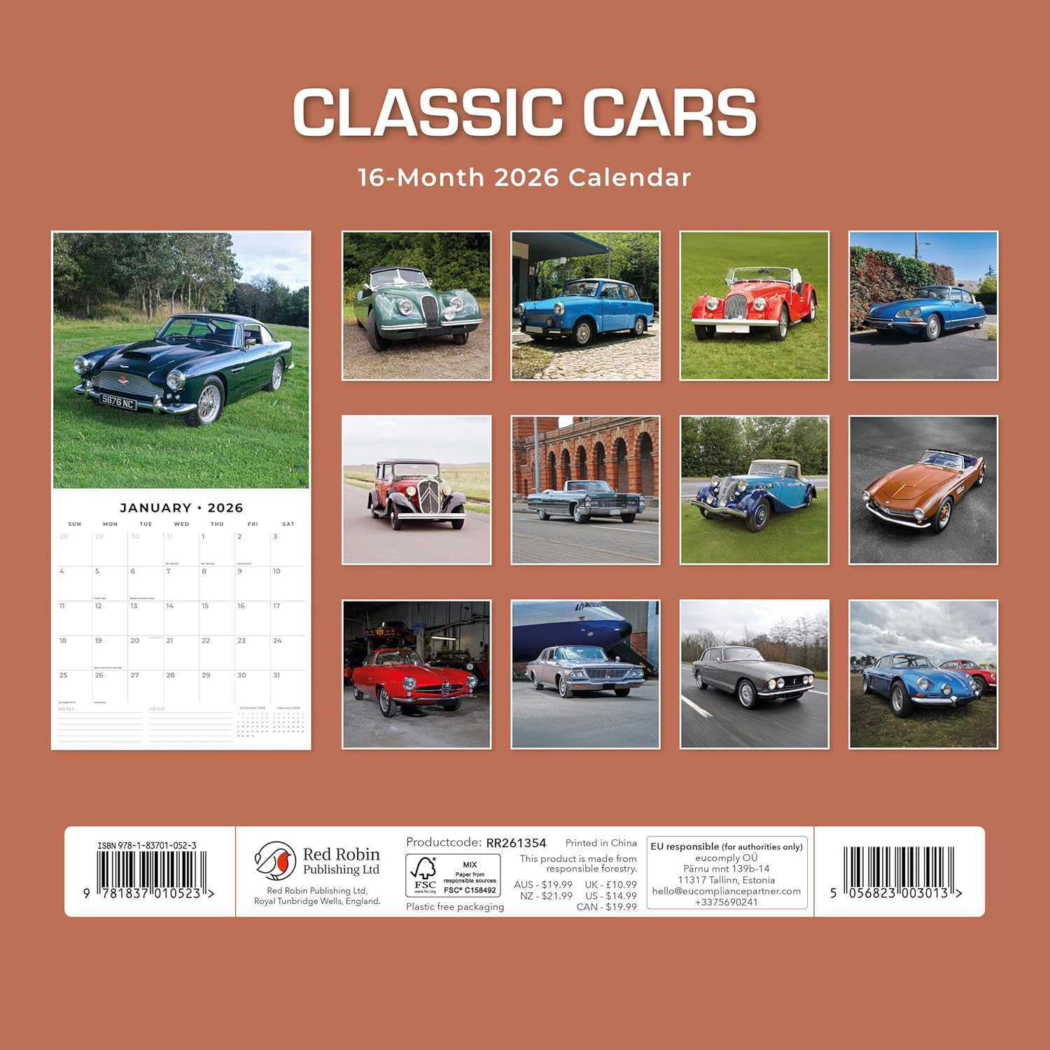 Red Robin 2026 Classic Cars Monthly Wall Calendar | 12" x 24" Open | Premium Thick & Sturdy Paper | Hangable 12 Month Calendar | Lined Notes & To Do Area | Vivid Images | Plastic Free