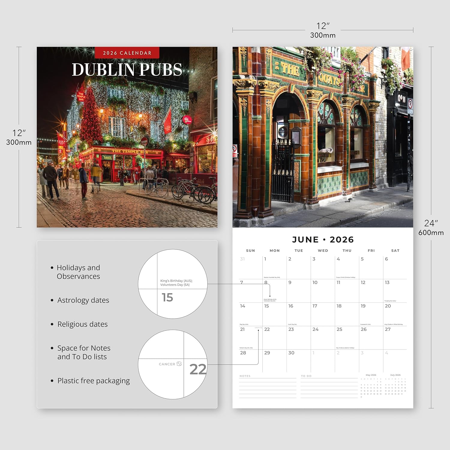 Red Robin 2026 Dublin Pubs Monthly Wall Calendar | 12" x 24" Open | Premium Thick & Sturdy Paper | Hangable 12 Month Calendar | Lined Notes & To Do Area | Vivid Images | Plastic Free