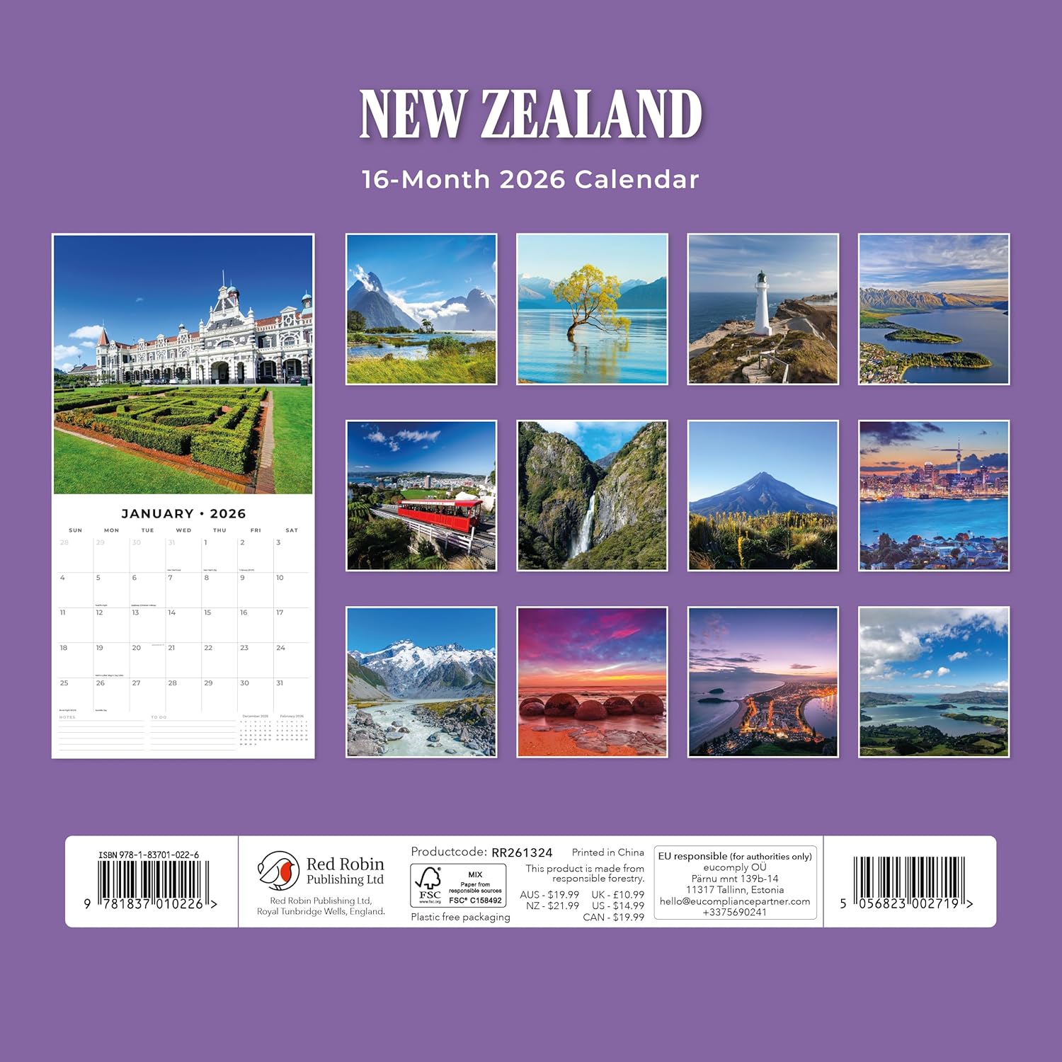 Red Robin 2026 New Zealand Monthly Wall Calendar | 12" x 24" Open | Premium Thick & Sturdy Paper | Hangable 12 Month Calendar | Lined Notes & To Do Area | Vivid Images | Plastic Free