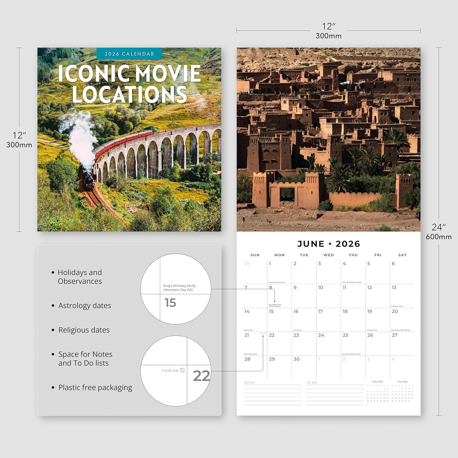 Red Robin 2026 Iconic Movie Locations Monthly Wall Calendar | 12" x 24" Open | Premium Thick & Sturdy Paper | Hangable 12 Month Calendar | Lined Notes & To Do Area | Vivid Images | Plastic Free