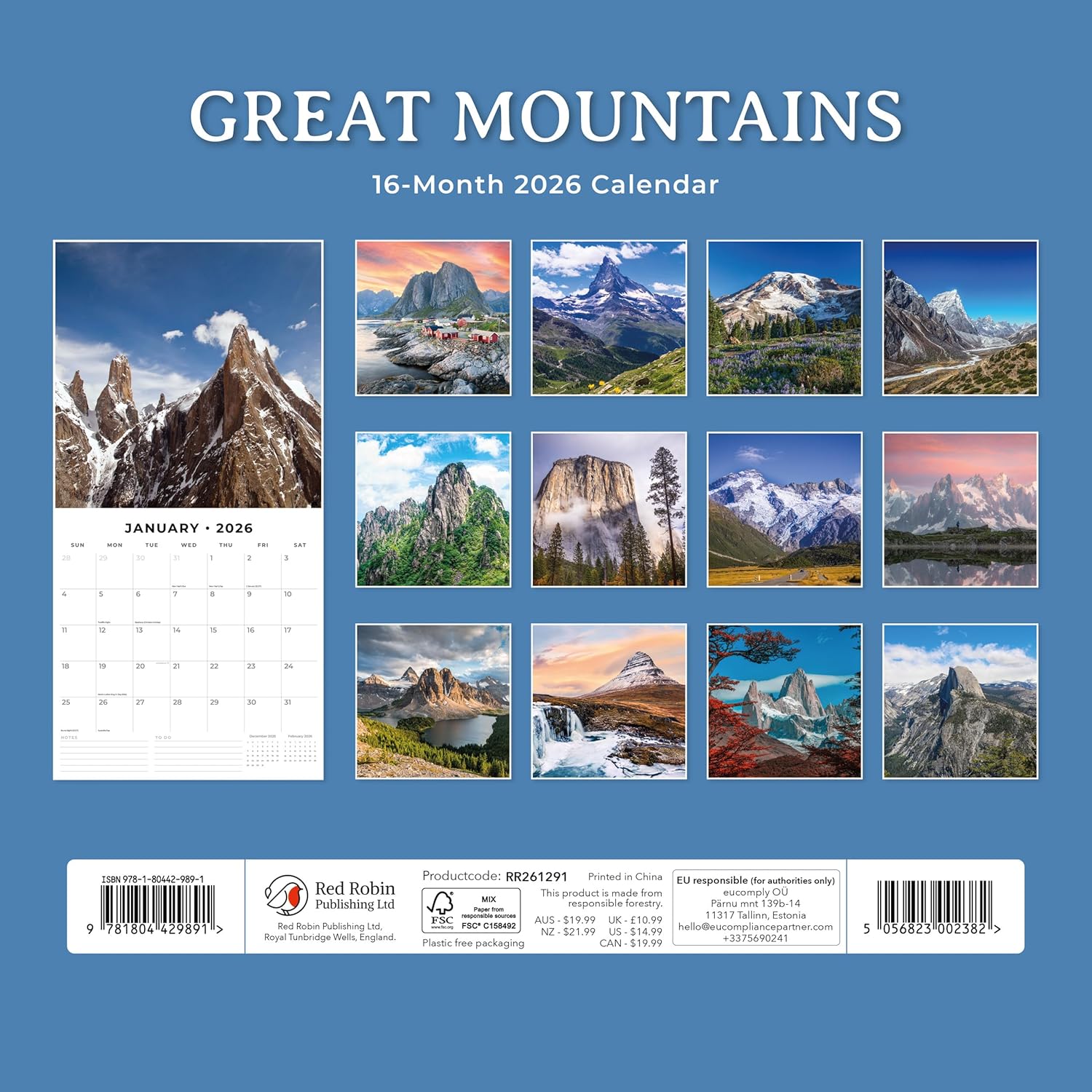 Red Robin 2026 Great Mountains Monthly Wall Calendar | 12" x 24" Open | Premium Thick & Sturdy Paper | Hangable 12 Month Calendar | Lined Notes & To Do Area | Vivid Images | Plastic Free