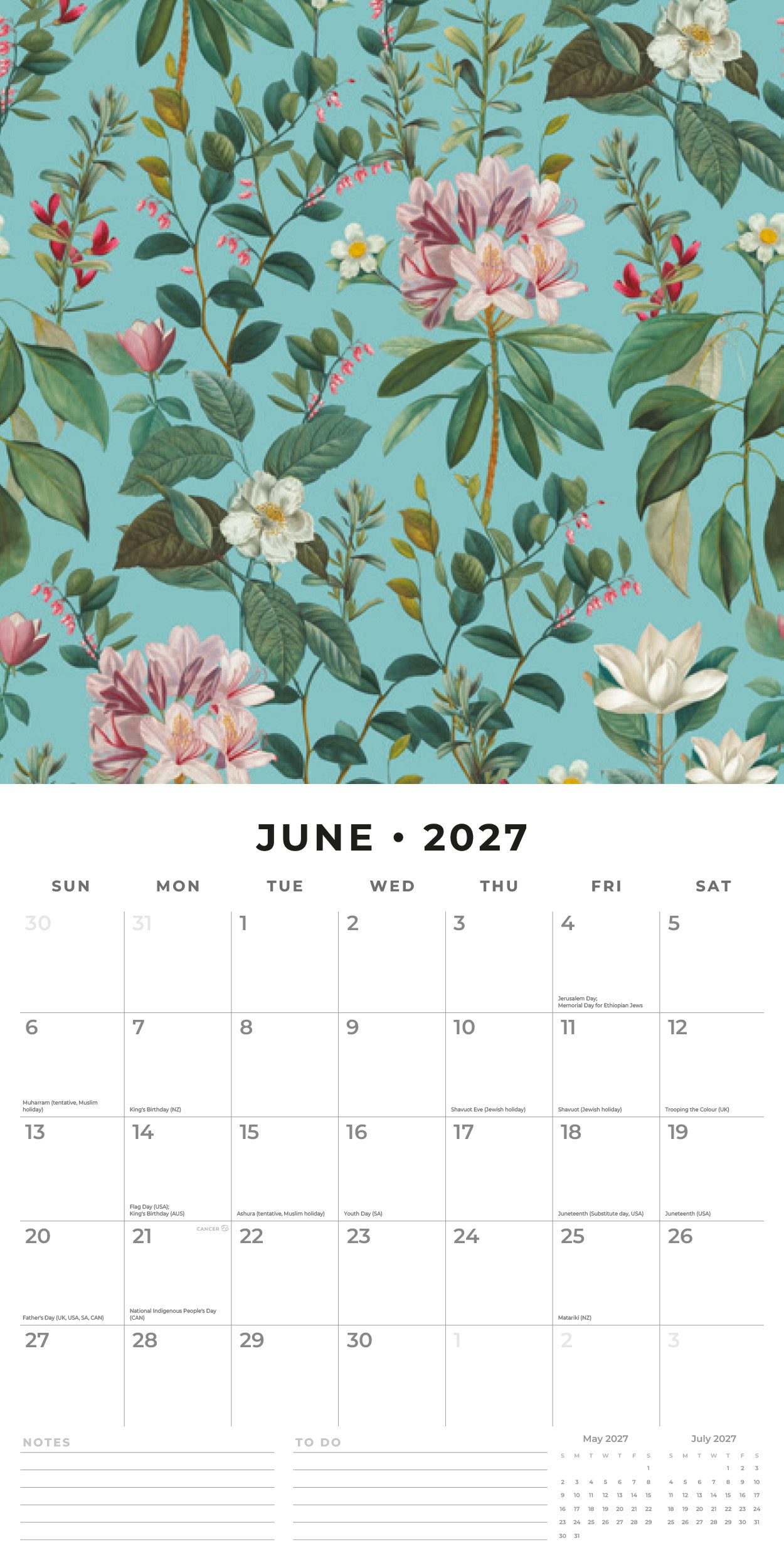 Red Robin 2027 Botanical Flowers Monthly Wall Calendar | 12" x 12"