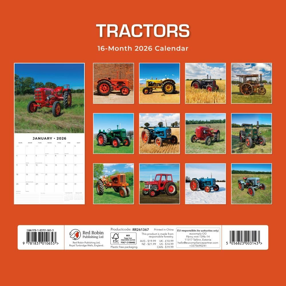 Red Robin 2027 Tractors Monthly Wall Calendar | 12" x 12"