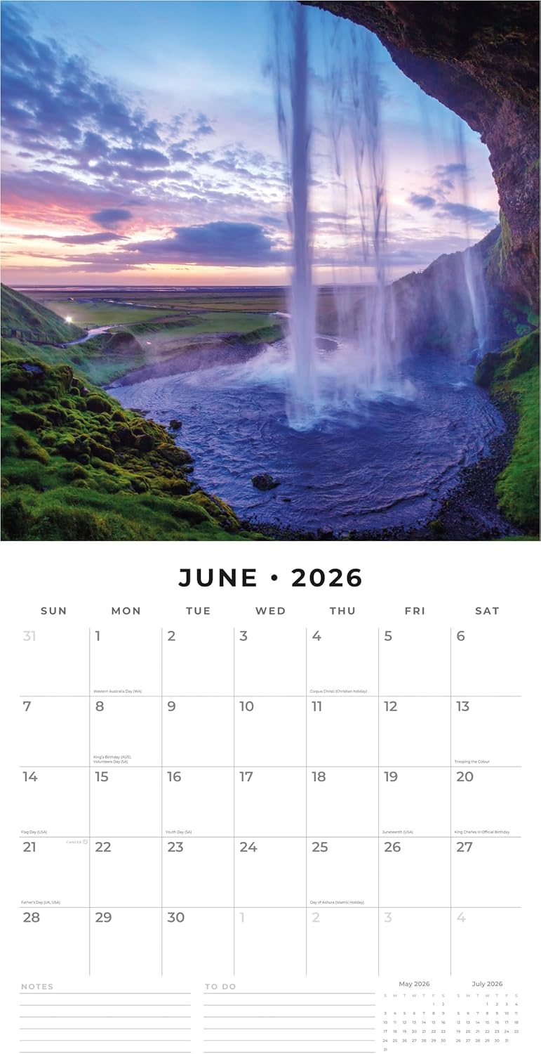 Red Robin 2026 Waterfalls Monthly Wall Calendar | 12" x 24" Open | Premium Thick & Sturdy Paper | Hangable 12 Month Calendar | Lined Notes & To Do Area | Vivid Images | Plastic Free