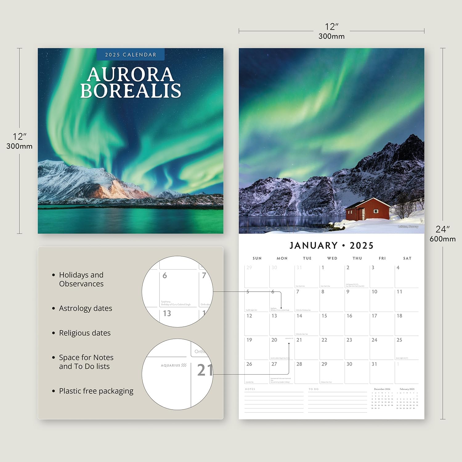 Red Robin 2025 Aurora Boraellis - Northern lights Monthly Wall Calendar | 12" x 24" Open | Premium Thick & Sturdy Paper | Hangable 12 Month Calendar | Plastic Free | 4 Month Transition Page for 2024