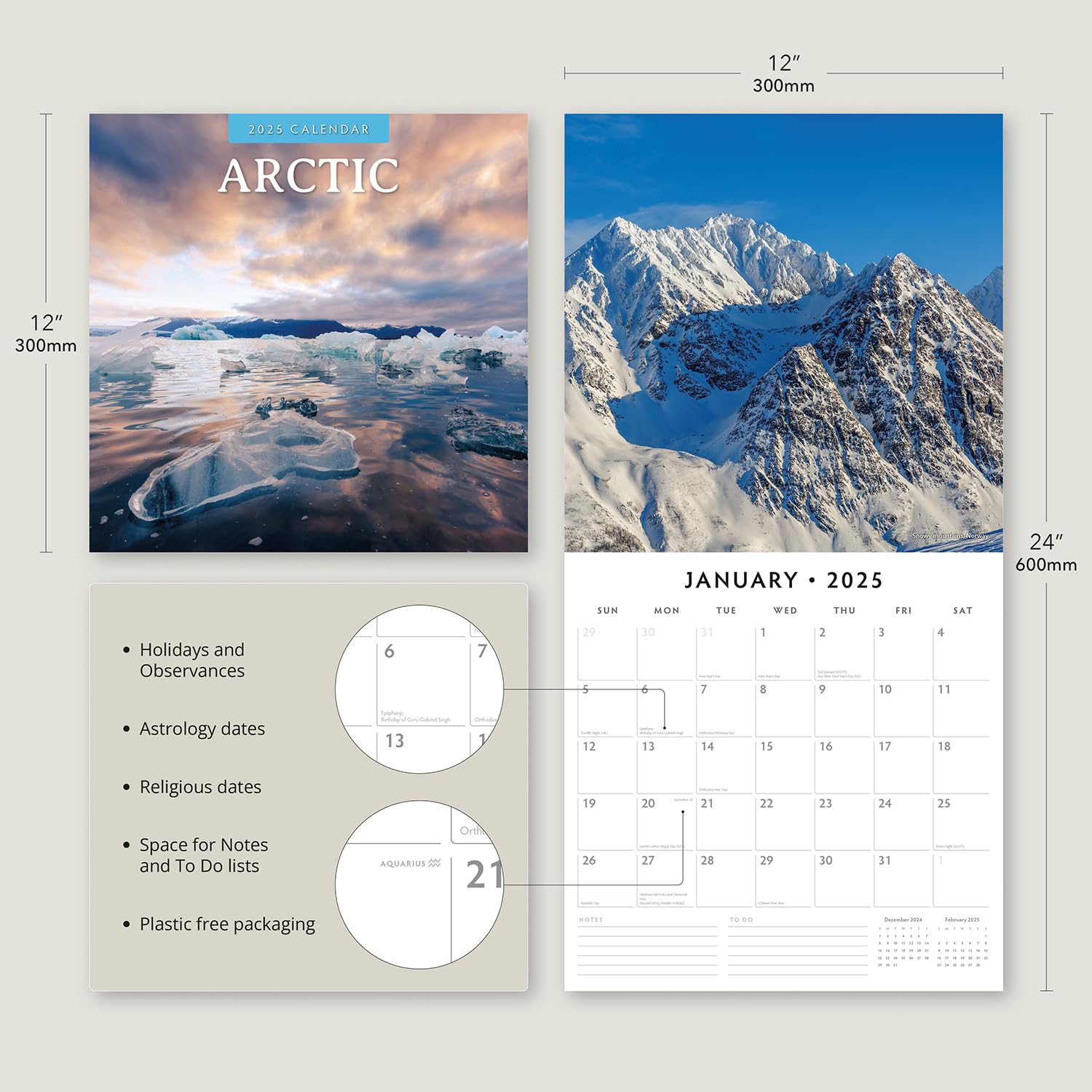 Red Robin 2025 Arctic Monthly Wall Calendar | 12" x 24" Open | Premium Thick & Sturdy Paper | Hangable 12 Month Calendar | Plastic Free | 4 Month Transition Page for 2024