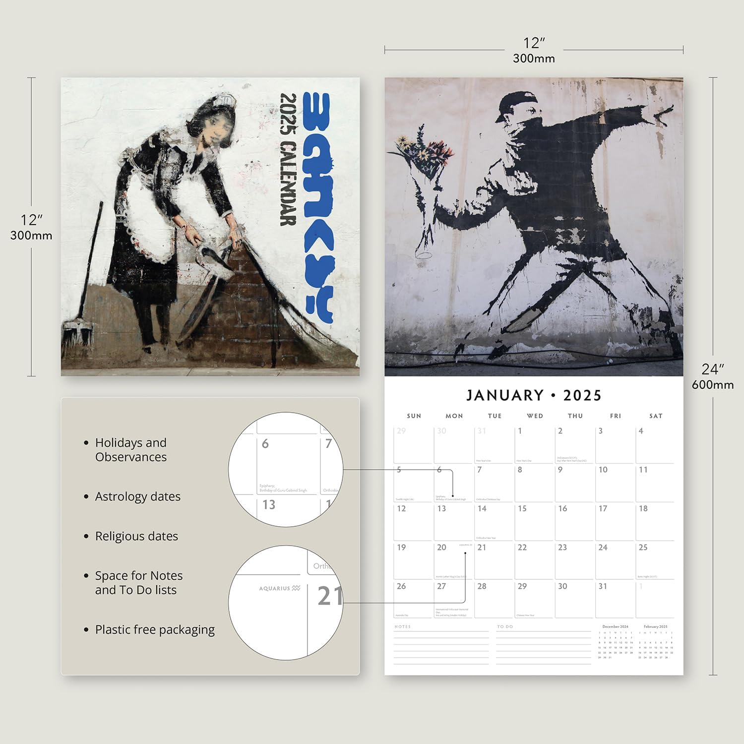 Red Robin 2025 Banksy Monthly Wall Calendar | 12" x 24" Open | Premium Thick & Sturdy Paper | Hangable 12 Month Calendar | Plastic Free | 4 Month Transition Page for 2024