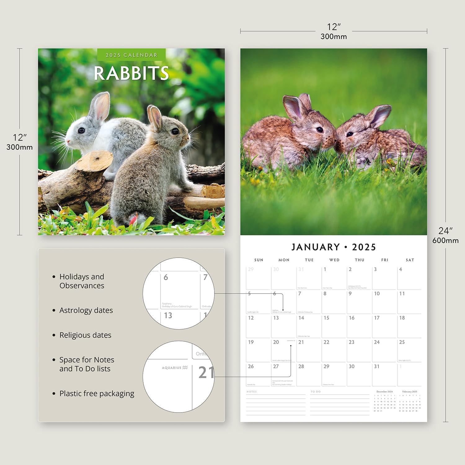 Red Robin 2025 Rabbits Monthly Wall Calendar | 12" x 24" Open | Premium Thick & Sturdy Paper | Hangable 12 Month Calendar | Plastic Free | 4 Month Transition Page for 2024