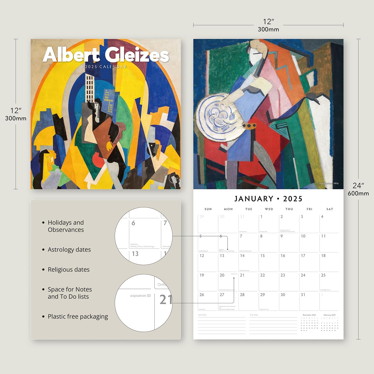 Red Robin 2025 Albert Gleizes Monthly Wall Calendar | 12" x 24" Open | Premium Thick & Sturdy Paper | Hangable 12 Month Calendar | Plastic Free | 4 Month Transition Page for 2024