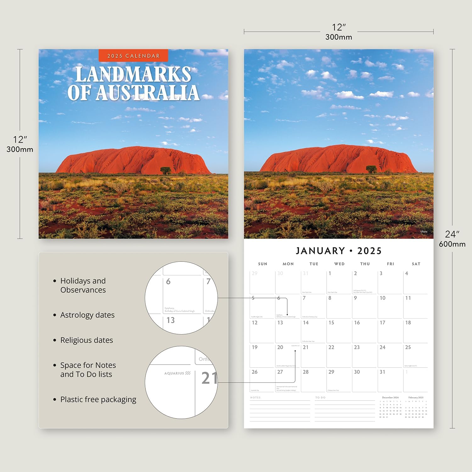 Red Robin 2025 Landmarks of Australia Monthly Wall Calendar | 12" x 24" Open | Premium Thick & Sturdy Paper | Hangable 12 Month Calendar | Plastic Free | 4 Month Transition Page for 2024
