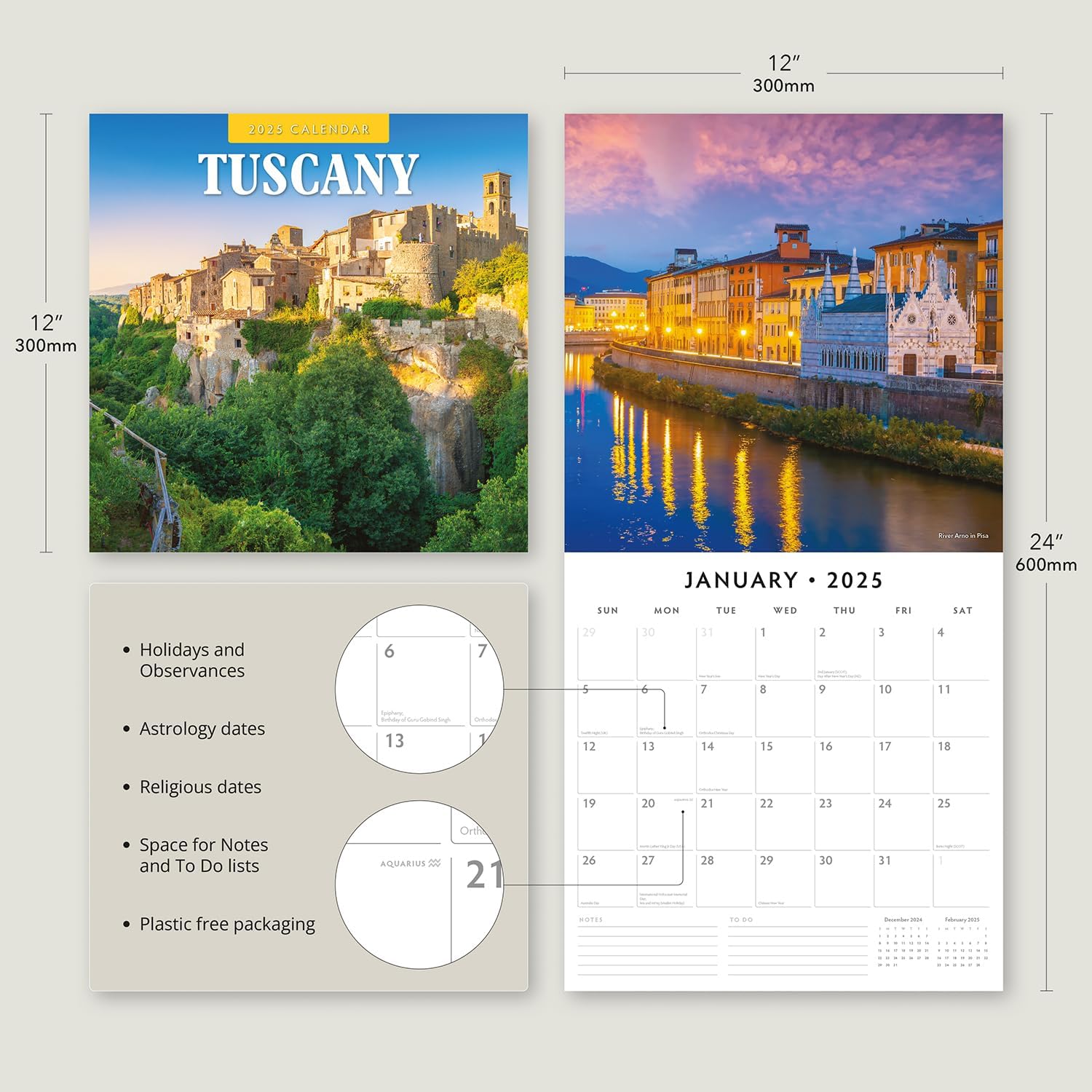 Red Robin 2025 Tuscany Monthly Wall Calendar | 12" x 24" Open | Premium Thick & Sturdy Paper | Hangable 12 Month Calendar | Plastic Free | 4 Month Transition Page for 2024