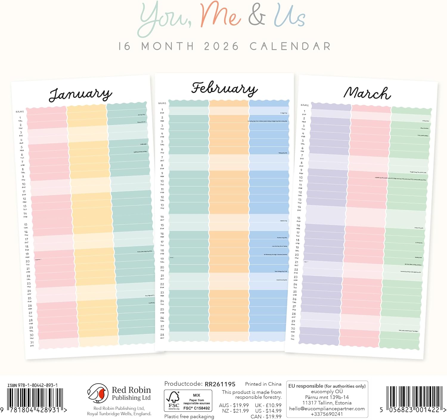 Red Robin 2026 You, Me & Us Monthly Wall Calendar | 12" x 24" Open | Premium Thick & Sturdy Paper | Hangable 12 Month Calendar | Lined Notes & To Do Area | Vivid Images | Plastic Free