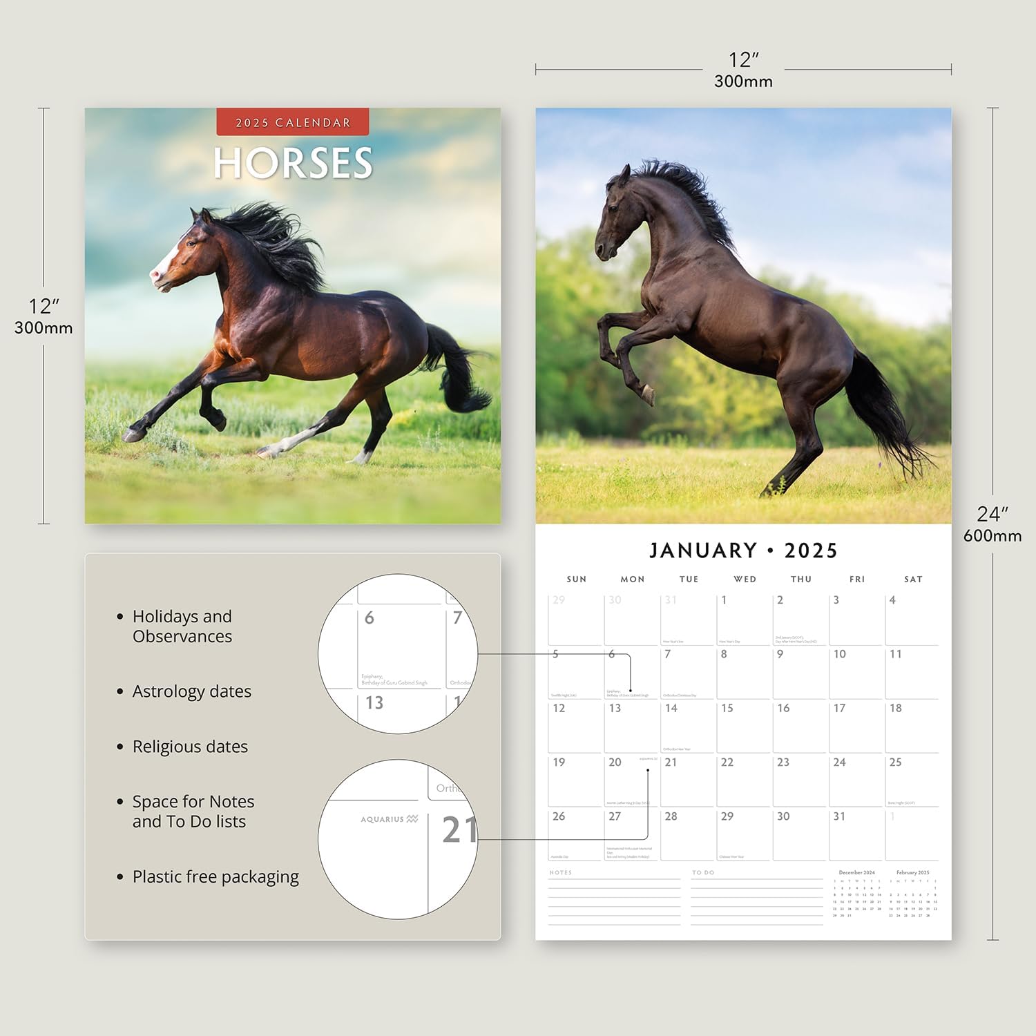 Red Robin 2025 Horses Monthly Wall Calendar | 12" x 24" Open | Premium Thick & Sturdy Paper | Hangable 12 Month Calendar | Plastic Free | 4 Month Transition Page for 2024