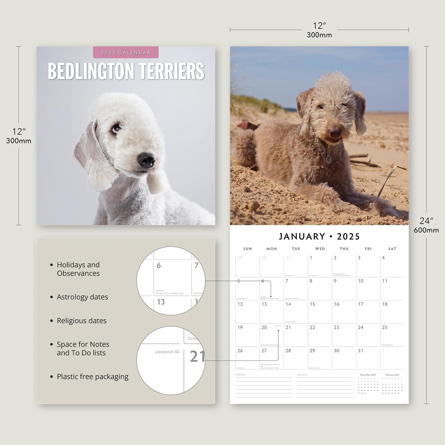 Red Robin 2025 Bedlington Terriers Monthly Wall Calendar | 12" x 24" Open | Premium Thick & Sturdy Paper | Hangable 12 Month Calendar | Plastic Free | 4 Month Transition Page for 2024