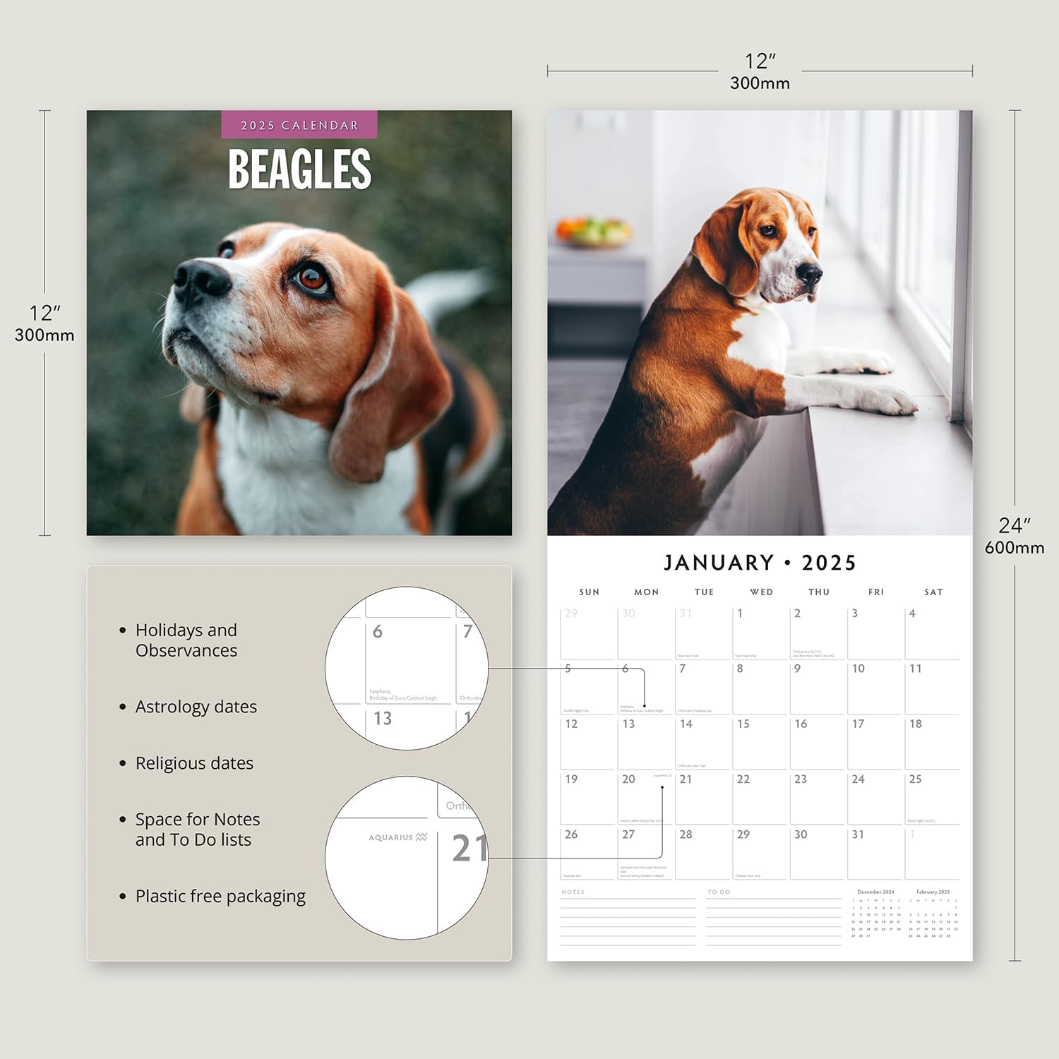 Red Robin 2025 Beagles Monthly Wall Calendar | 12" x 24" Open | Premium Thick & Sturdy Paper | Hangable 12 Month Calendar | Plastic Free | 4 Month Transition Page for 2024