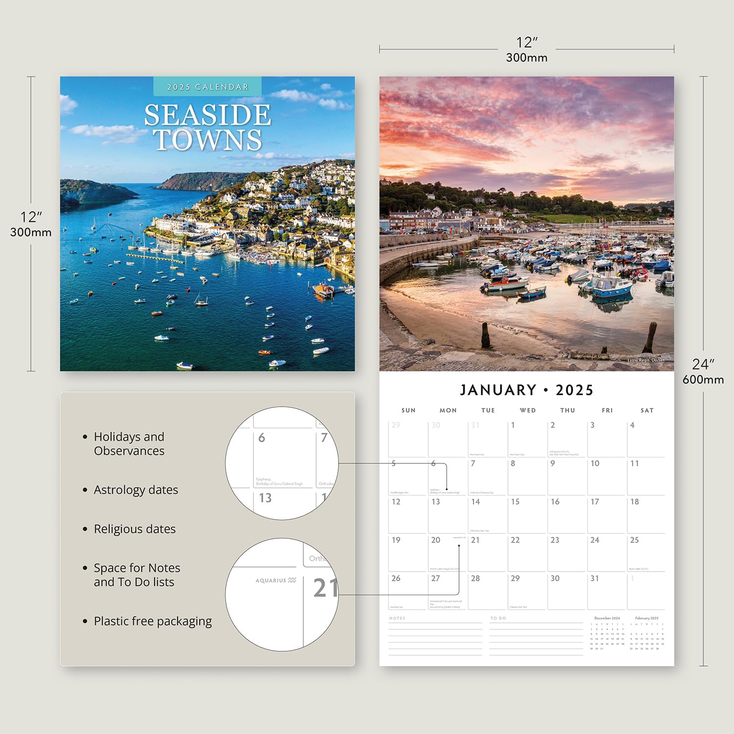 Red Robin 2025 Seaside Towns Monthly Wall Calendar | 12" x 24" Open | Premium Thick & Sturdy Paper | Hangable 12 Month Calendar | Plastic Free | 4 Month Transition Page for 2024