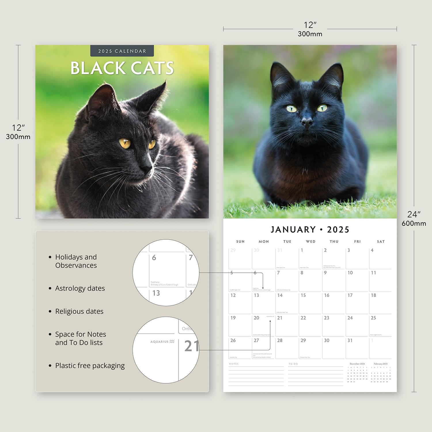 Red Robin 2025 Black Cats Monthly Wall Calendar | 12" x 24" Open | Premium Thick & Sturdy Paper | Hangable 12 Month Calendar | Plastic Free | 4 Month Transition Page for 2024