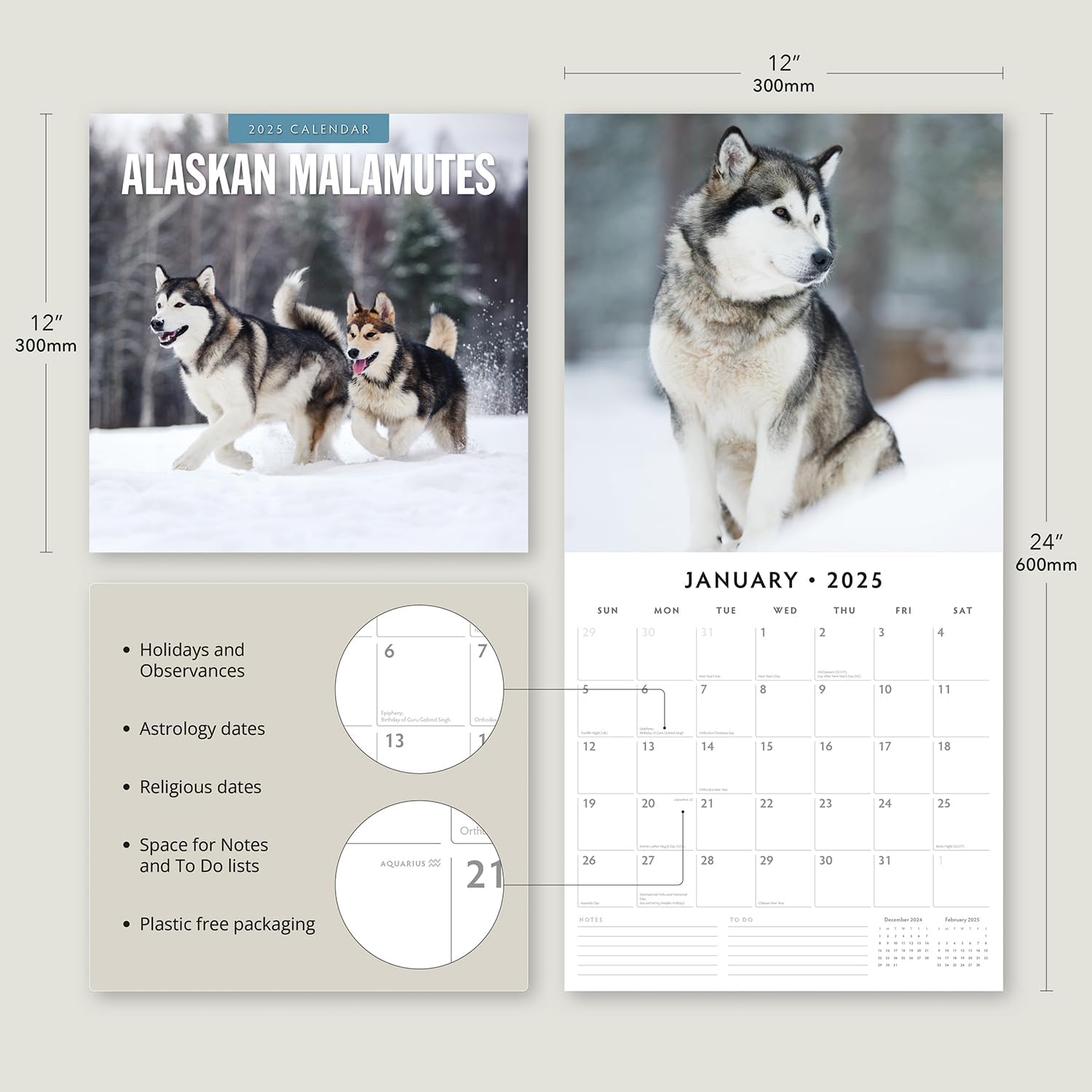 Red Robin 2025 Alaskan Malamutes Monthly Wall Calendar | 12" x 24" Open | Premium Thick & Sturdy Paper | Hangable 12 Month Calendar | Plastic Free | 4 Month Transition Page for 2024