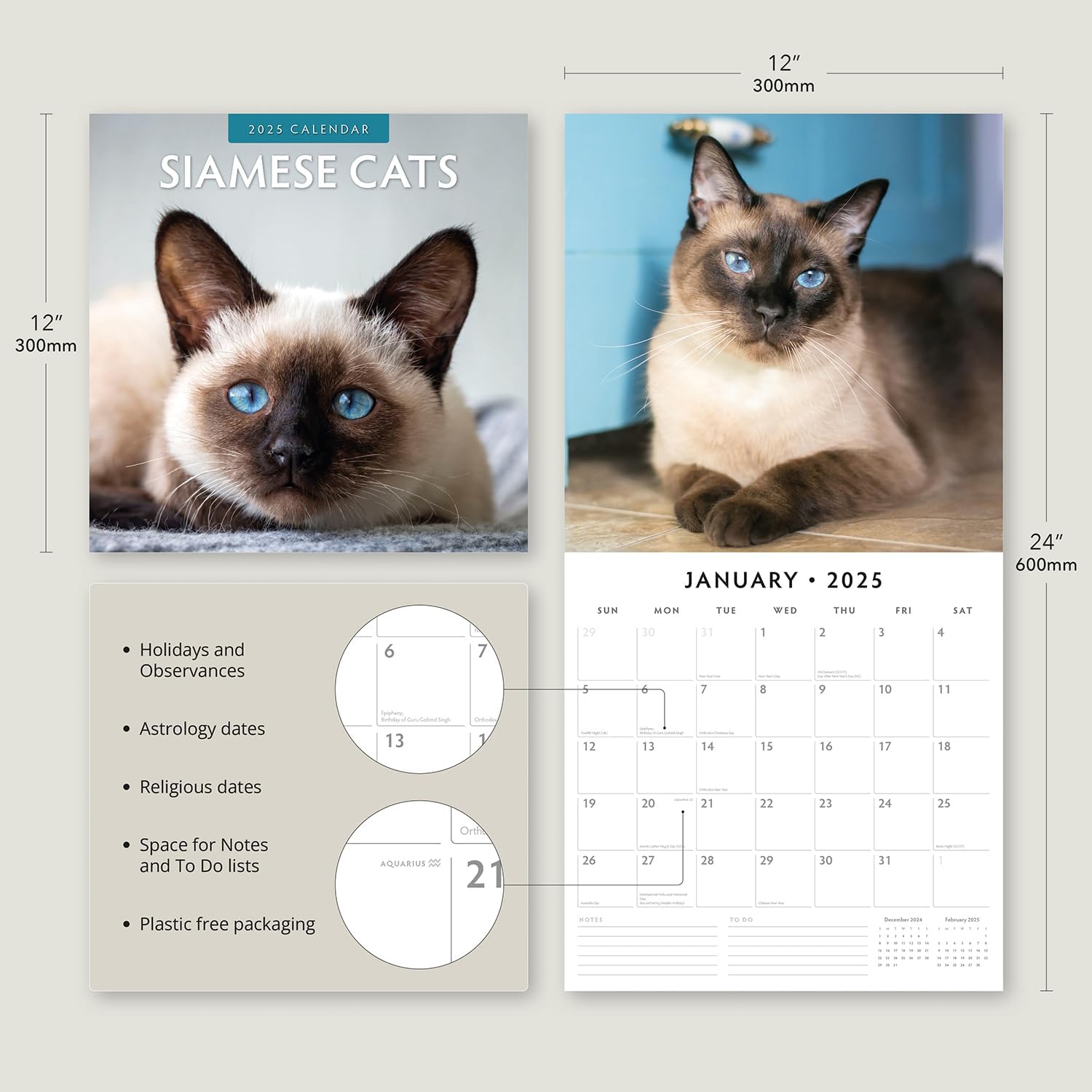 Red Robin 2025 Siamese Cats Monthly Wall Calendar | 12" x 24" Open | Premium Thick & Sturdy Paper | Hangable 12 Month Calendar | Plastic Free | 4 Month Transition Page for 2024