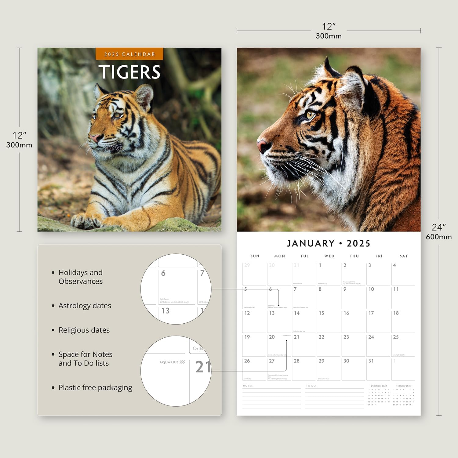 Red Robin 2025 Tigers Monthly Wall Calendar | 12" x 24" Open | Premium Thick & Sturdy Paper | Hangable 12 Month Calendar | Plastic Free | 4 Month Transition Page for 2024