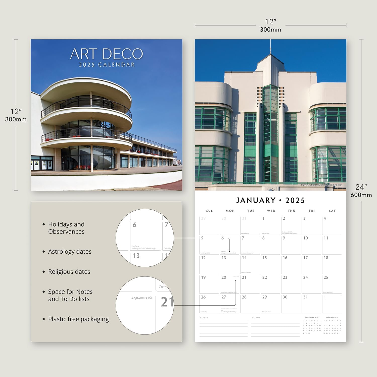 Red Robin 2025 Art Deco Monthly Wall Calendar | 12" x 24" Open | Premium Thick & Sturdy Paper | Hangable 12 Month Calendar | Plastic Free | 4 Month Transition Page for 2024