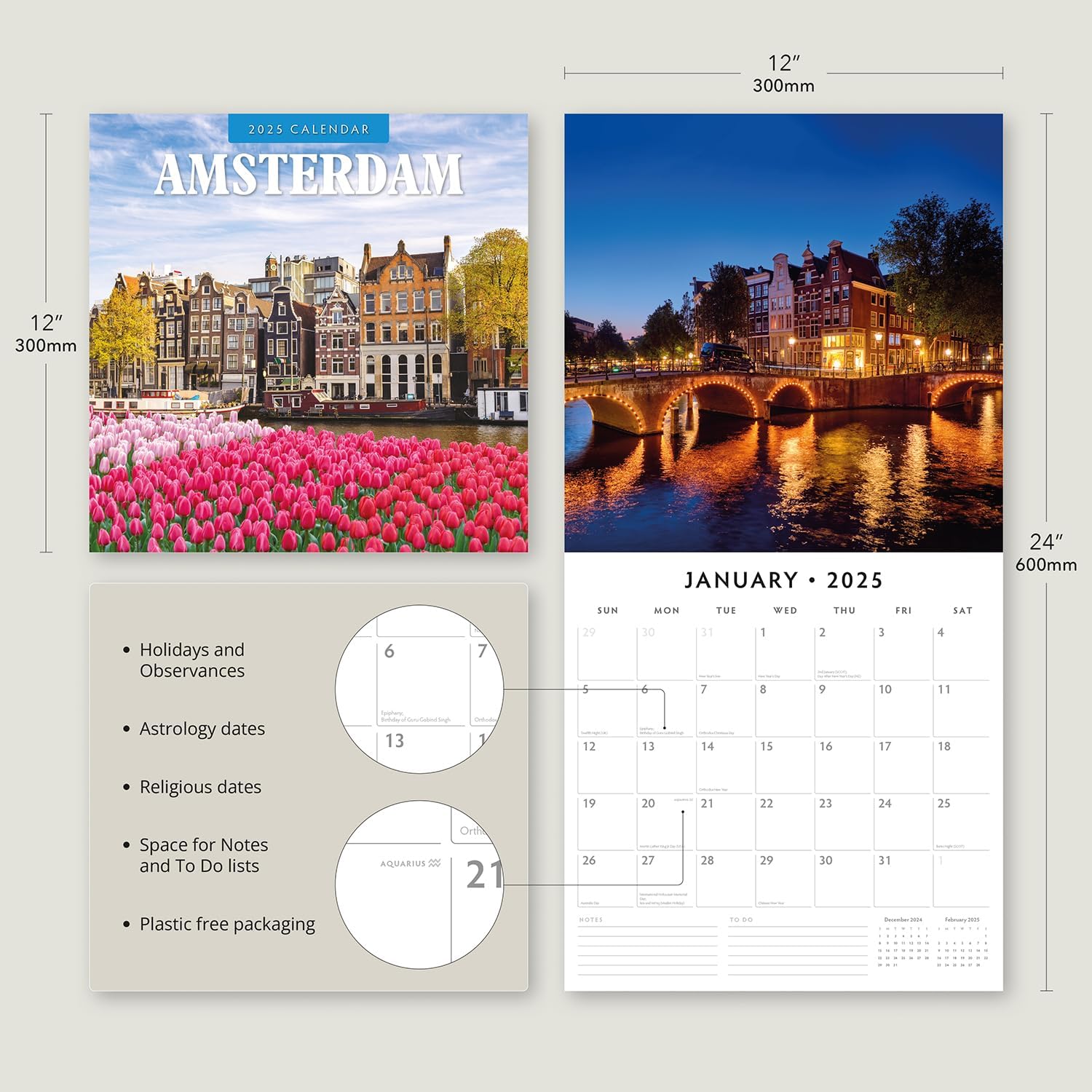 Red Robin 2025 Amsterdam Monthly Wall Calendar | 12" x 24" Open | Premium Thick & Sturdy Paper | Hangable 12 Month Calendar | Plastic Free | 4 Month Transition Page for 2024