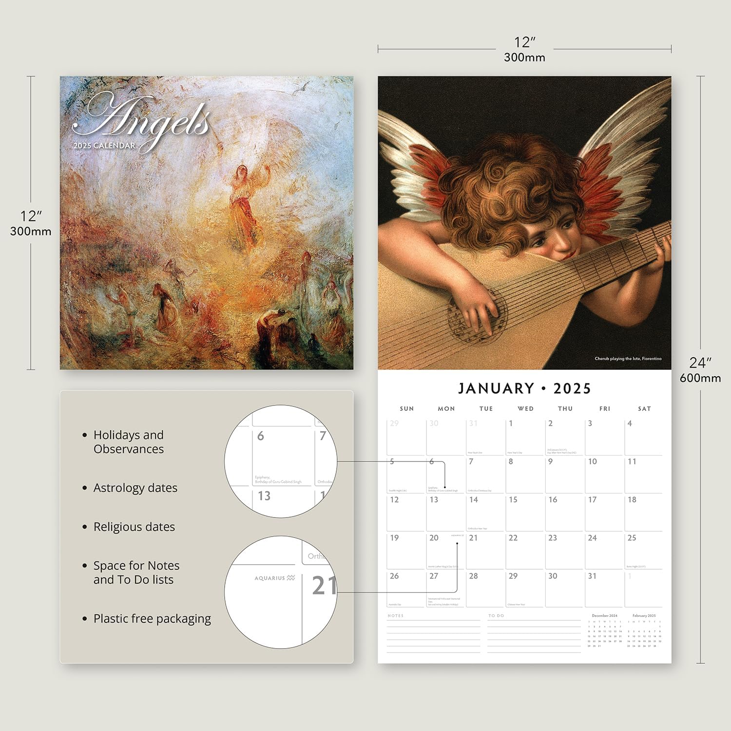 Red Robin 2025 Angels Monthly Wall Calendar | 12" x 24" Open | Premium Thick & Sturdy Paper | Hangable 12 Month Calendar | Plastic Free | 4 Month Transition Page for 2024