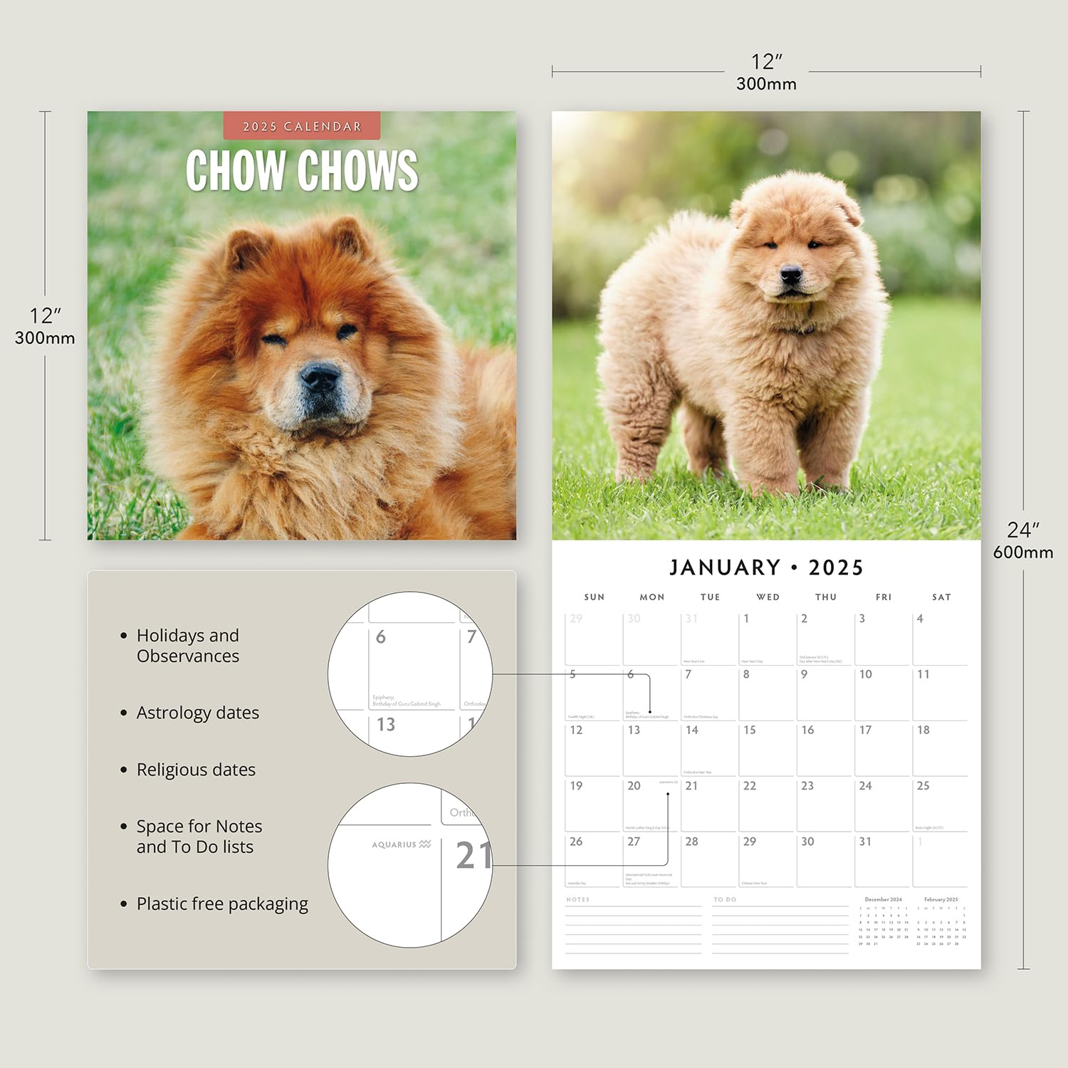 Red Robin 2025 Chow Chows Monthly Wall Calendar | 12" x 24" Open | Premium Thick & Sturdy Paper | Hangable 12 Month Calendar | Plastic Free | 4 Month Transition Page for 2024