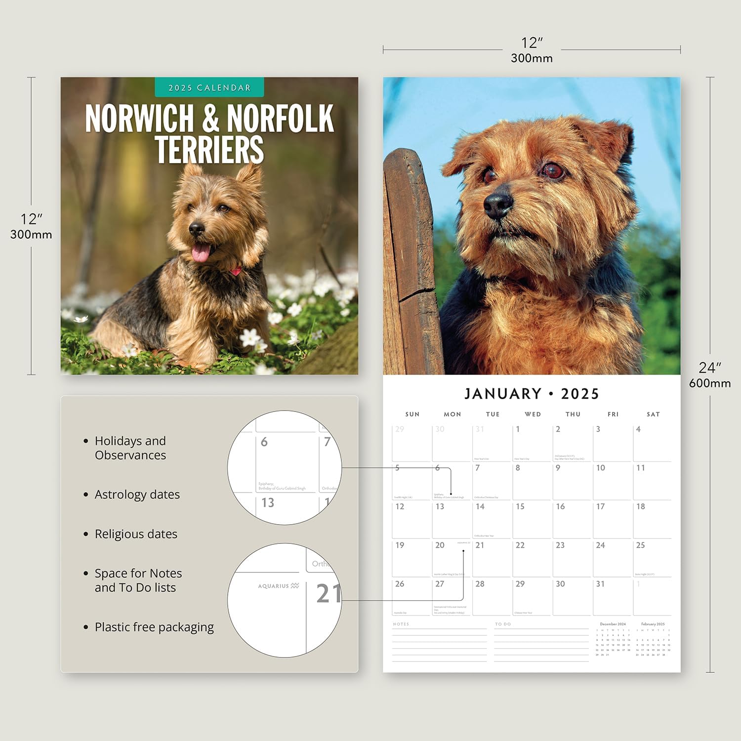 Red Robin 2025 Norwich-/Norfolk Terriers Monthly Wall Calendar | 12" x 24" Open | Premium Thick & Sturdy Paper | Hangable 12 Month Calendar | Plastic Free | 4 Month Transition Page for 2024