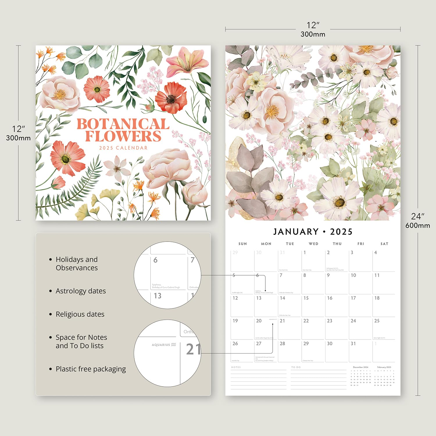 Red Robin 2025 Botanical Flowers Monthly Wall Calendar | 12" x 24" Open | Premium Thick & Sturdy Paper | Hangable 12 Month Calendar | Plastic Free | 4 Month Transition Page for 2024