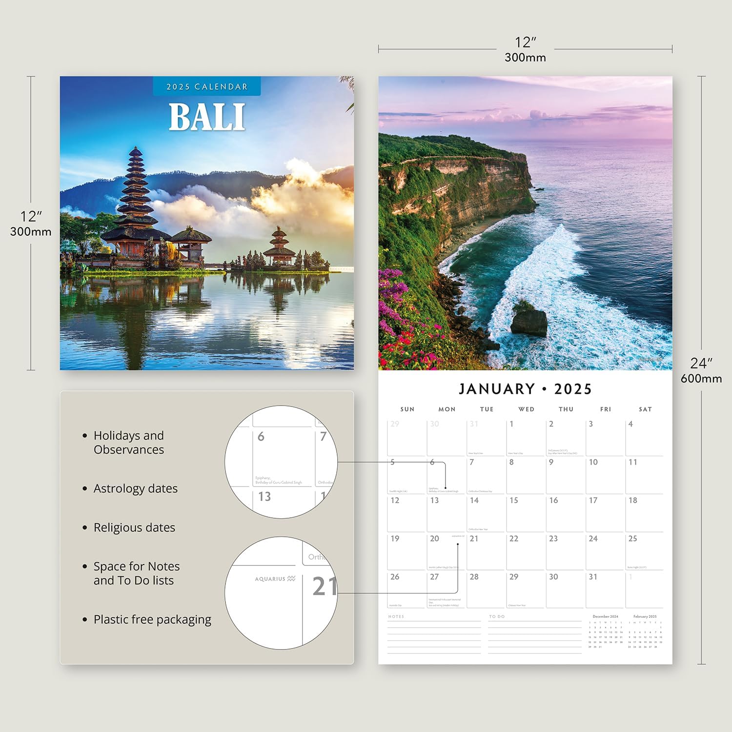 Red Robin 2025 Bali Monthly Wall Calendar | 12" x 24" Open | Premium Thick & Sturdy Paper | Hangable 12 Month Calendar | Plastic Free | 4 Month Transition Page for 2024