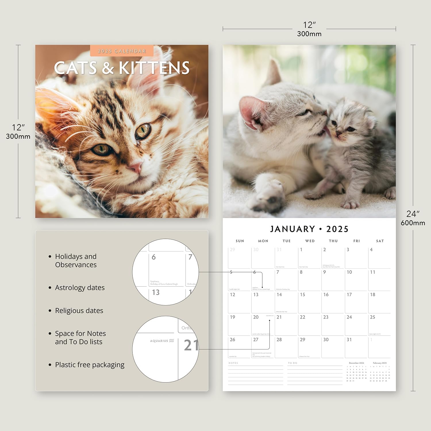 Red Robin 2025 Cats & Kittens Monthly Wall Calendar | 12" x 24" Open | Premium Thick & Sturdy Paper | Hangable 12 Month Calendar | Plastic Free | 4 Month Transition Page for 2024