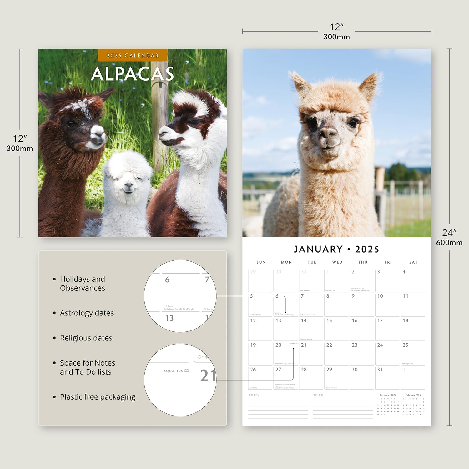 2025 Alpacas Monthly Wall Calendar | 12" x 24" Open | Premium Thick & Sturdy Paper | Hangable 12 Month Calendar | Plastic Free | 4 Month Transition Page for 2024