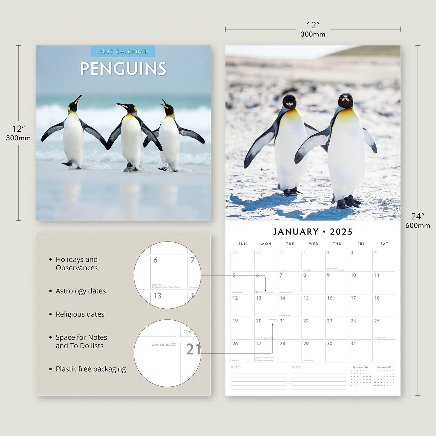 Red Robin 2025 Penguins Monthly Wall Calendar | 12" x 24" Open | Premium Thick & Sturdy Paper | Hangable 12 Month Calendar | Plastic Free | 4 Month Transition Page for 2024